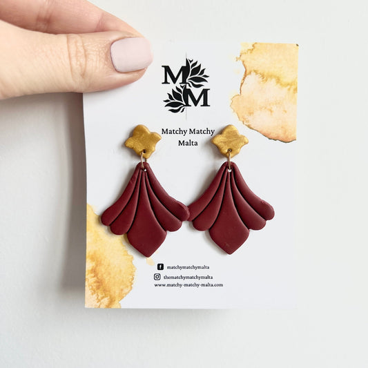 Maroon & Gold Art Deco Earrings - Matchy Matchy Malta