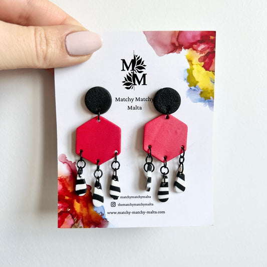 Red Hexagon Earrings with Striped Dangles - Matchy Matchy Malta